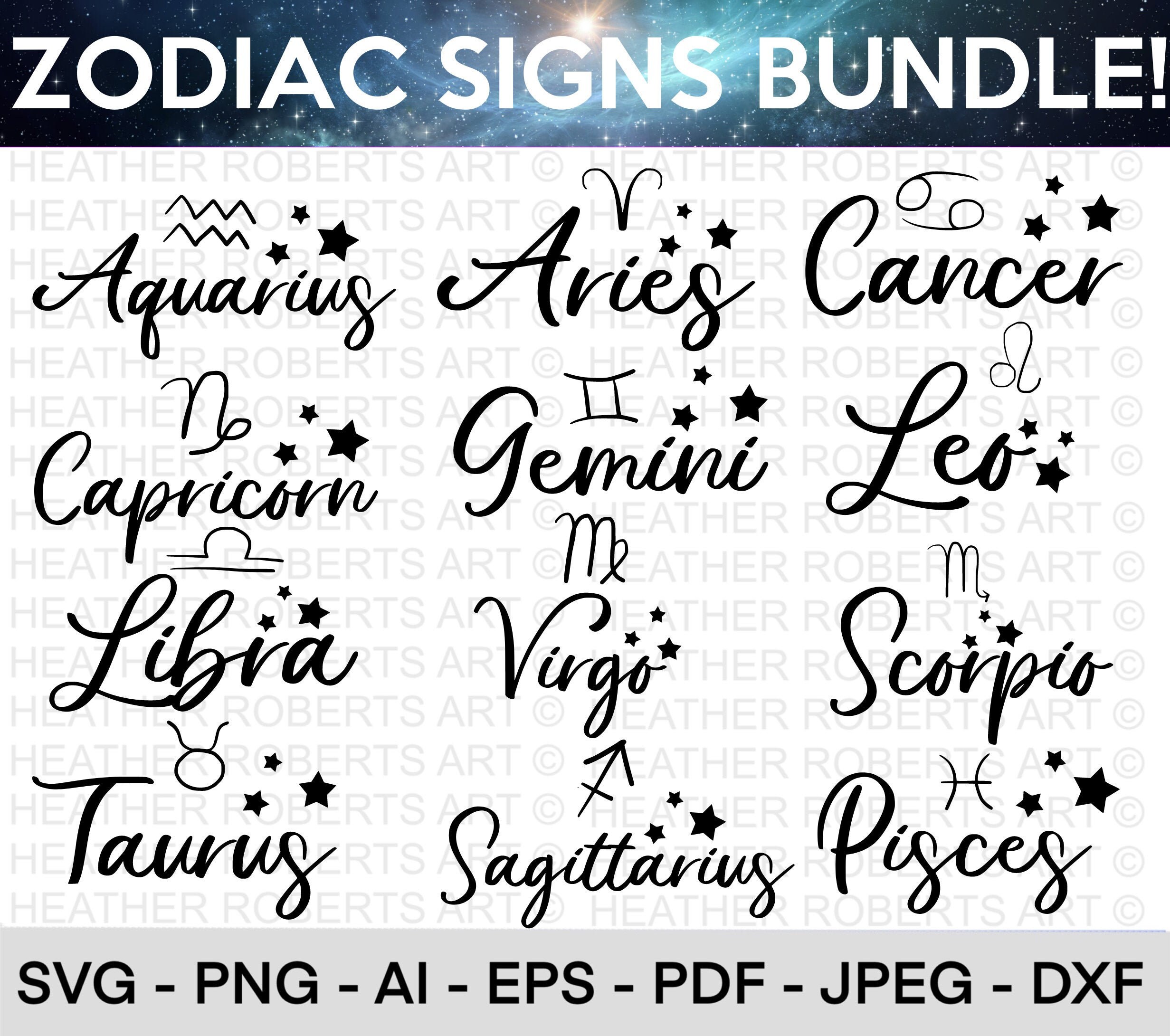 Zodiac Signs SVG Bundle, Astrology Signs svg, Zodiac Symbols svg, Con…