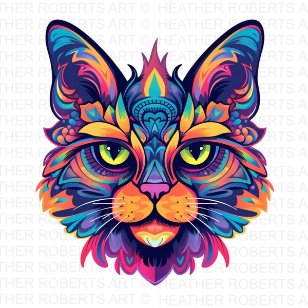 Chat psychédélique, chat PNG, Animal psychédélique, décor png psychédélique, Art psychédélique, Art mural psychédélique png, Sublimation PNG