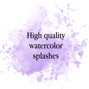 Op de afbeelding: Paarse waterverf splatter achtergrond met de tekst "High quality watercolor splashes".