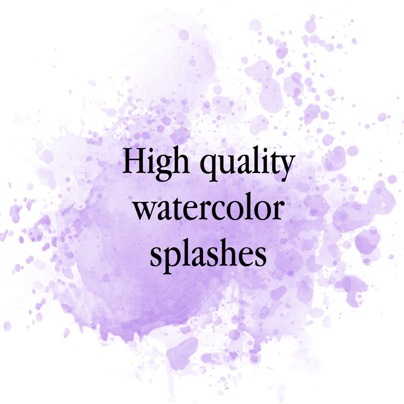 Op de afbeelding: Paarse waterverf splatter achtergrond met de tekst "High quality watercolor splashes".
