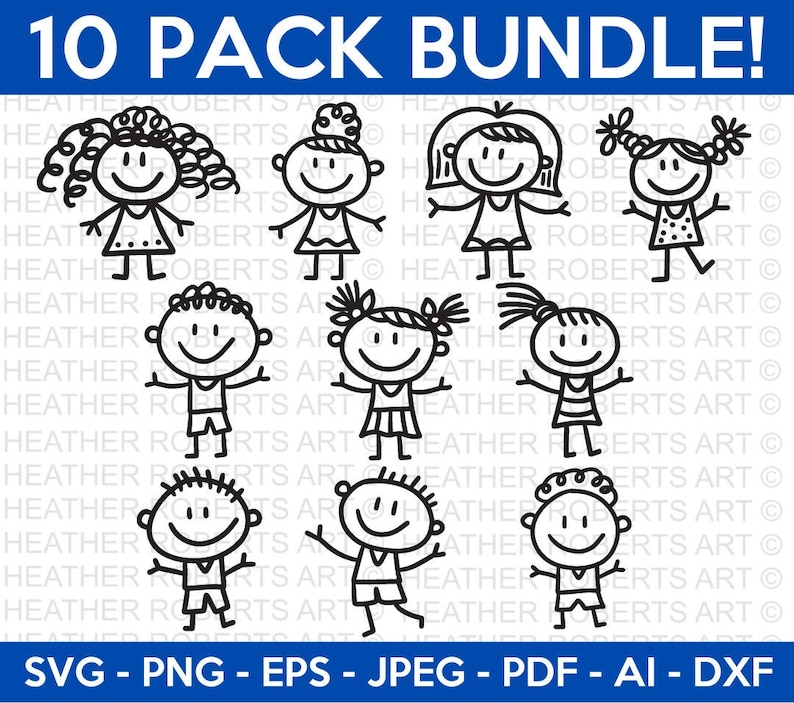 May include: A black and white illustration of ten stick figure children with various hairstyles and clothing. The text "10 PACK BUNDLE!" is at the top. Below the figures are the file types: SVG, PNG, EPS, JPEG, PDF, AI, and DXF.