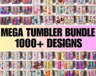 May include: A digital collage of over 1000 colorful designs for tumblers. The designs feature floral patterns, abstract shapes, and geometric designs. The text "MEGA TUMBLER BUNDLE 1000+ DESIGNS" is displayed at the top of the image.