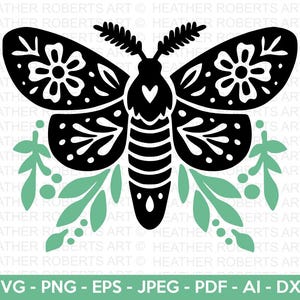 Floral Moth SVG, Insect svg, Moth Clipart, Celestial moth svg, Boho moth, Night moth svg, Luna moth svg, Cut files for Cricut, Silhouette.