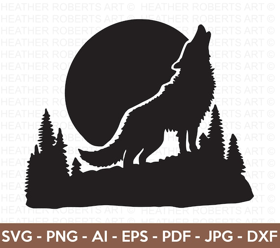 オオカミの遠吠えシルエット SVG：森、満月 カットファイル（デジタル