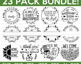 May include: A set of 23 black and white SVG cut files for crafting. The designs include various quotes and phrases about family, home, and life. Some designs feature wreaths, hearts, and sunflowers.