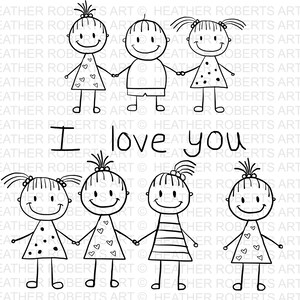 Op de afbeelding: Zwart-witte lijntekening van zes stokpoppetjes die elkaars hand vasthouden. De figuren lachen allemaal en hebben eenvoudige kenmerken. De tekst "I love you" is in cursief boven de figuren geschreven.