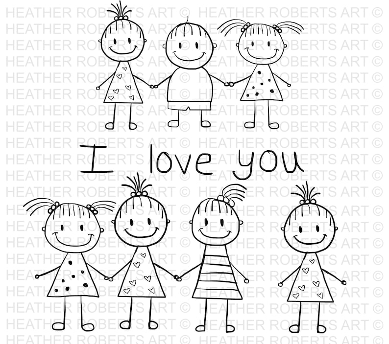 Op de afbeelding: Zwart-witte lijntekening van zes stokpoppetjes die elkaars hand vasthouden. De figuren lachen allemaal en hebben eenvoudige kenmerken. De tekst "I love you" is in cursief boven de figuren geschreven.