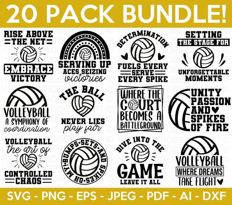 K&ouml;nnte beinhalten: Ein Schwarz-Wei&szlig;-Grafikdesign-Paket mit 20 Volleyball-motivierten SVG-Dateien. Die Designs zeigen inspirierende Zitate und Spr&uuml;che &uuml;ber Volleyball, wie "Rise Above the Net", "Serving Up Aces", "The Ball Never Lies", "Where the Court Becomes a Battleground" und "Volleyball Where Dreams Take Flight".