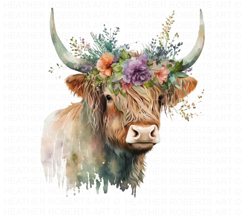 Watercolor Highlands Cow Clipart Flower Crown PNG Cute Cow - Etsy