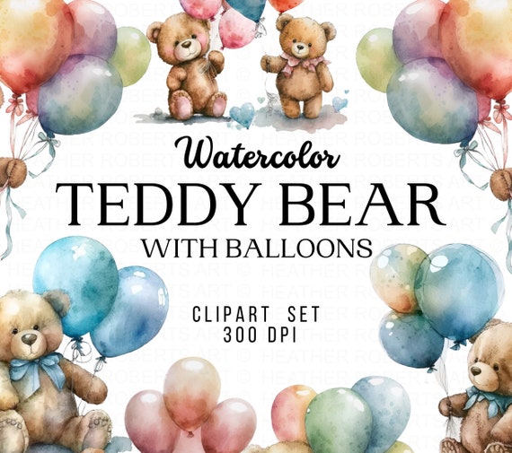 Watercolor Teddy Bear With Balloon Clipart Teddy Bear Cute - Etsy