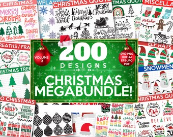 May include: A green and white graphic with the text "200 Designs Christmas Megabundle!"  The graphic features a variety of Christmas-themed images, including wreaths, trees, snowflakes, ornaments, elf hats, snowmen, and Santa Claus. The text "Volume 2" is also visible.