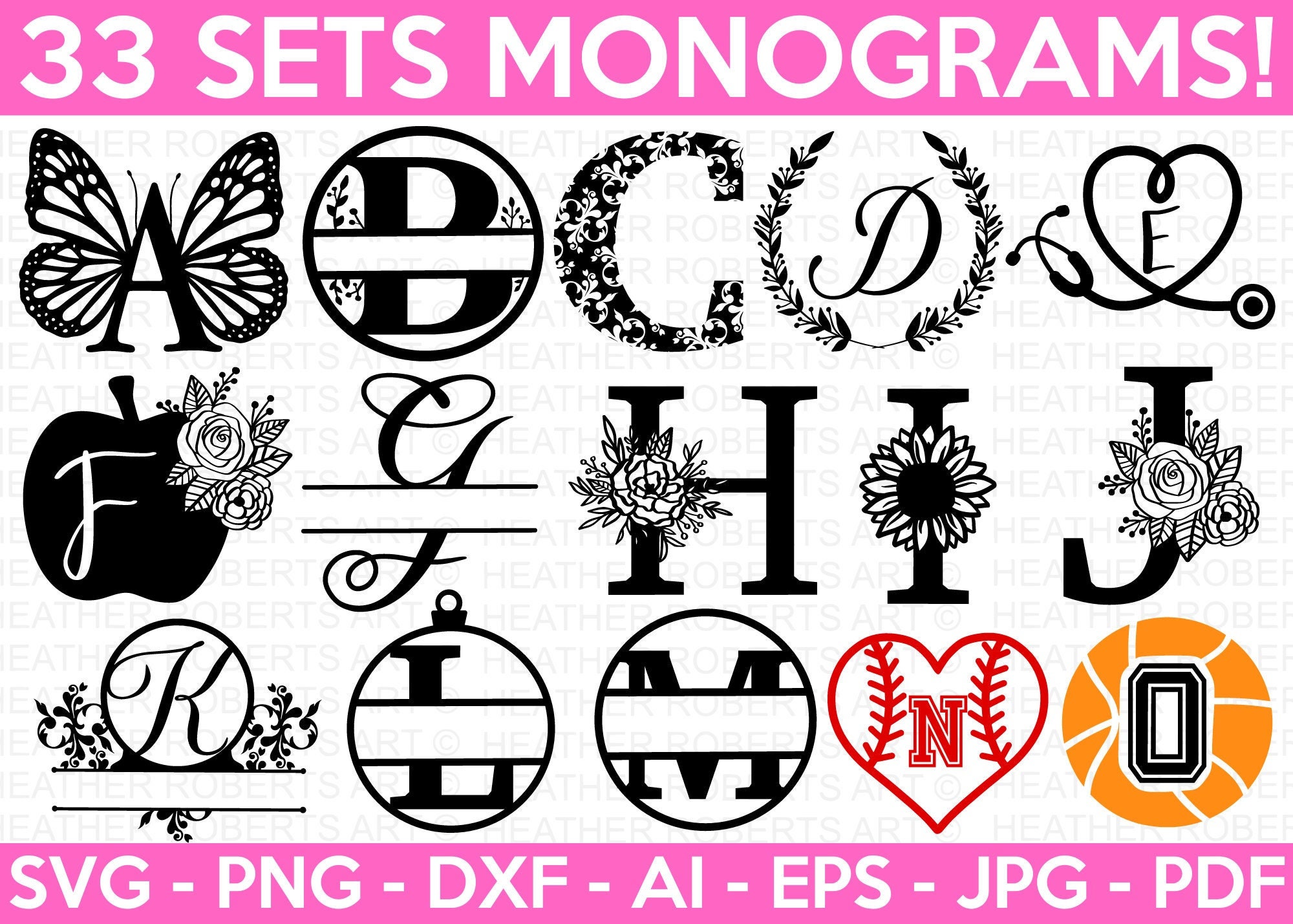 Monograms MEGA Bundle, Alphabet SVG Bundle, 33 Sets, Heather Roberts Art Bundle, Monogram Designs, Cut Files Cricut, Silhouette