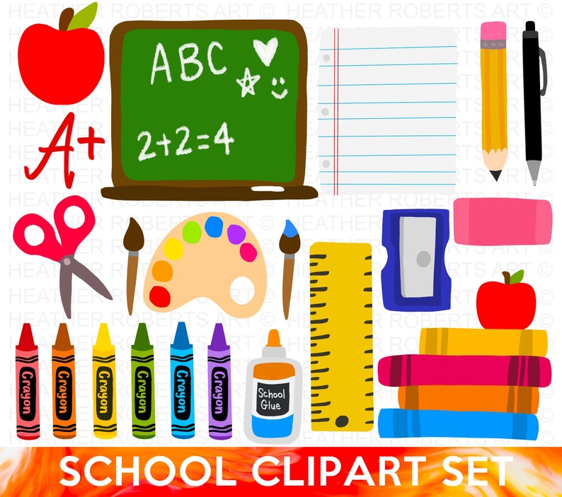 School Clipart Set, School Supplies Clipart Set, PNG Files, Crayons, Pencils, Cute School Supplies Clipart, Back to School Sublimation Files image 1