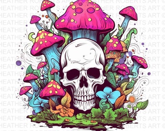 Psychedelic Skull & Magic Mushrooms PNG: Trippy Art (Digital Download)