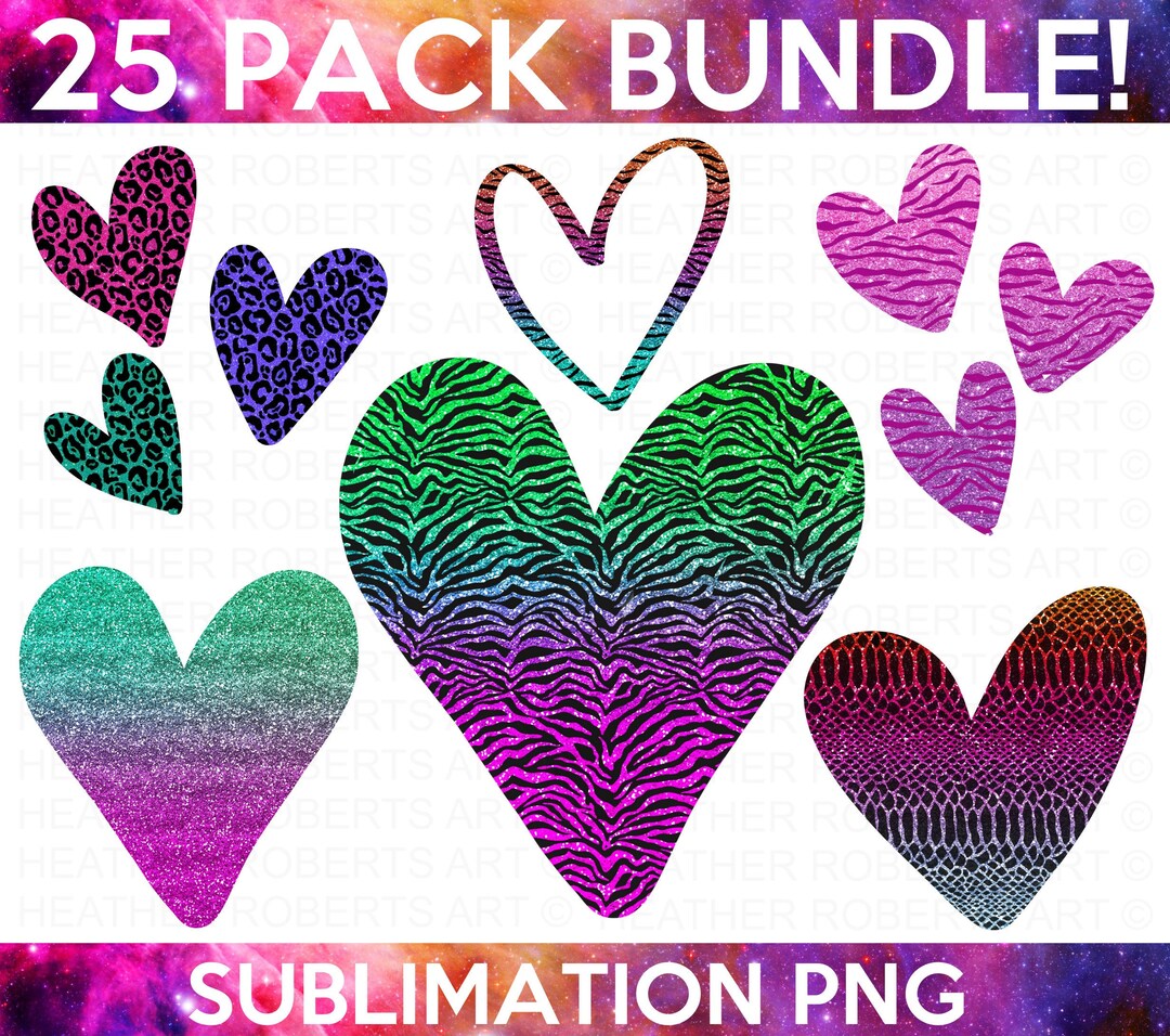 Glitter Hearts Clipart Set: 25 PNG Sublimation Designs (digital ...