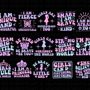 May include: A digital download of ten inspirational quotes for girls, featuring a pink, blue, and white color scheme with butterfly and crown graphics. The quotes include phrases like "I am unique and wonderful", "Girls can change the world", and "Girls rule the world".