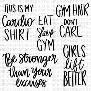 K&ouml;nnte beinhalten: Schwarz-wei&szlig;e Textkunst mit S&auml;tzen wie "This is my gym hair", "Cardio", "Eat", "Don't care", "Be stronger than your excuses" und "Lift better". Die W&ouml;rter sind in handschriftlichem Stil.
