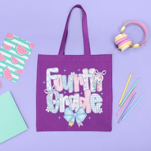 May include: A purple tote bag with the words "Fourth Grade" in a patchwork design, surrounded by school supplies. Includes a notebook, glasses, headphones, and pencils. The background is a light purple color.