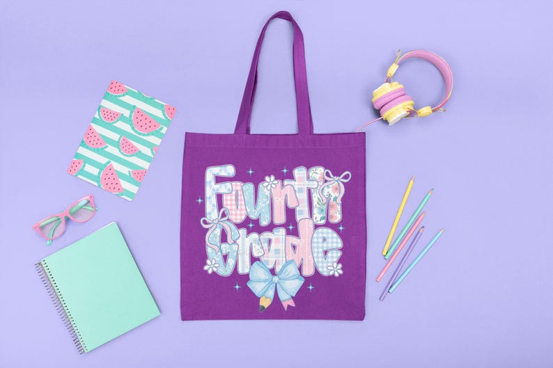 May include: A purple tote bag with the words "Fourth Grade" in a patchwork design, surrounded by school supplies. Includes a notebook, glasses, headphones, and pencils. The background is a light purple color.
