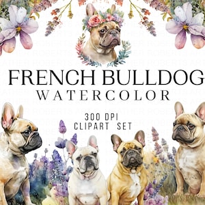Aquarell Französische Bulldogge Clipart, Blumenkrone PNG, Süße Bulldogge Clip Art, Kartenherstellung Clipart, Digital Papier Clipart, Sofort Download