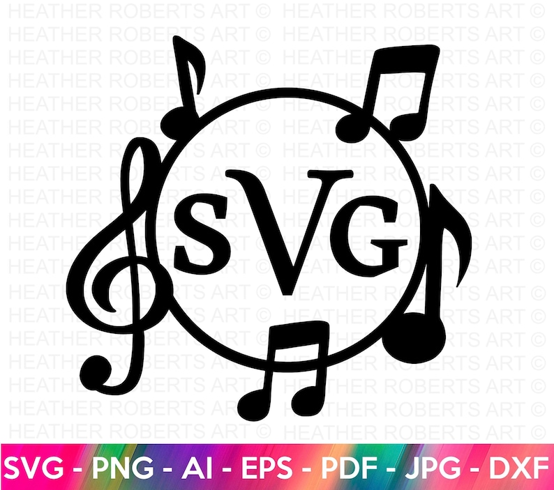 May include: Black and white SVG design of musical notes surrounding a circle with the letters "SVG" inside. The design is perfect for creating custom crafts, logos, or invitations.