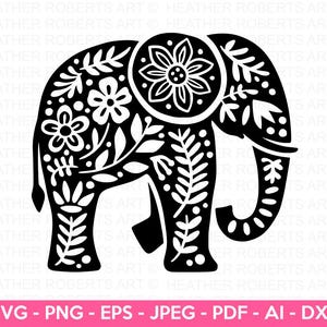 Plantilla de elefante Svg Png, archivo de corte de elefante, Svg de animal, svg de animal floral, elefante Svg, clipart floral, para Cricut y Silhouette
