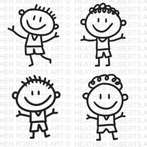 May include: Four black and white stick figure illustrations of children with various hairstyles, wearing shorts and tank tops, with arms outstretched and smiling. The background is a repeating pattern of the text "HEATHER ROBERTS ART".
