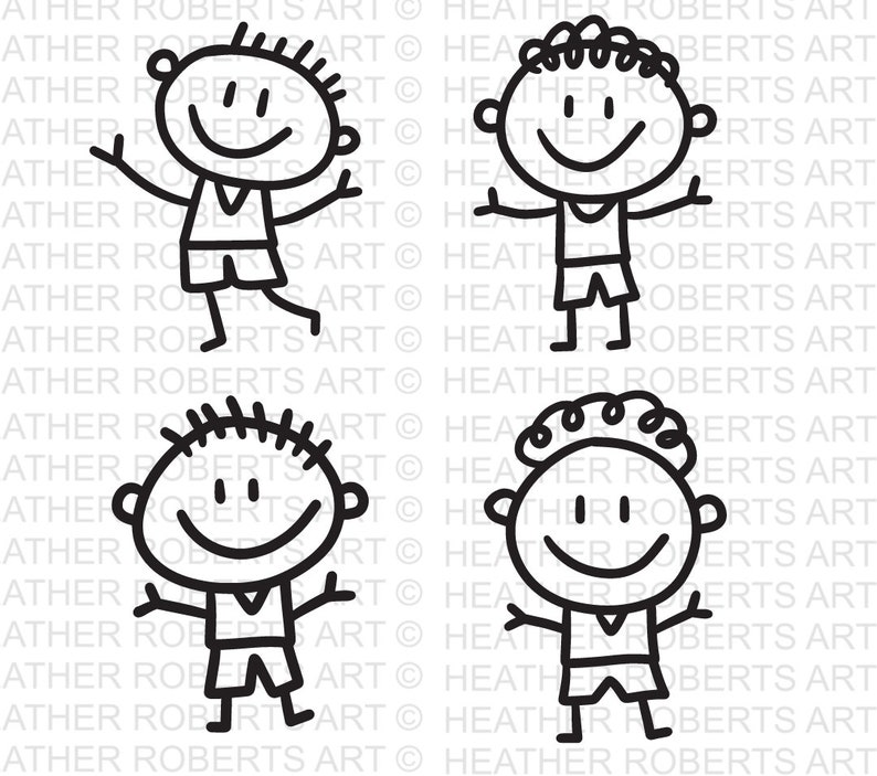 May include: Four black and white stick figure illustrations of children with various hairstyles, wearing shorts and tank tops, with arms outstretched and smiling. The background is a repeating pattern of the text "HEATHER ROBERTS ART".