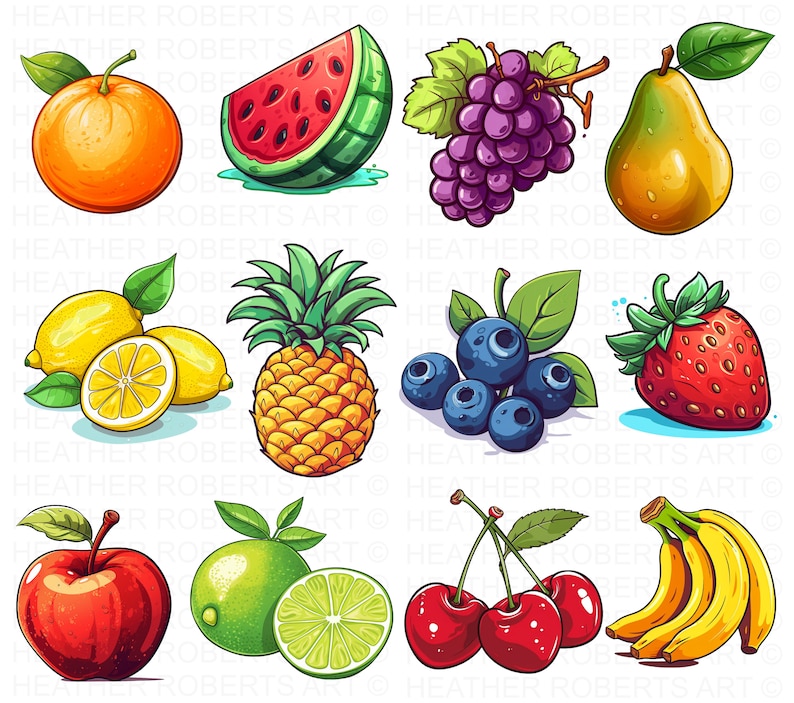 Pode incluir: Uma cole&ccedil;&atilde;o de frutas, vegetais e bagas de desenho animado coloridas, incluindo uma ma&ccedil;&atilde; vermelha, uma lima verde, um abacaxi amarelo, um morango vermelho, um cacho de uvas roxas, uma p&ecirc;ra amarela, um lim&atilde;o amarelo, uma cereja vermelha, uma melancia verde, uma banana amarela e uma laranja.