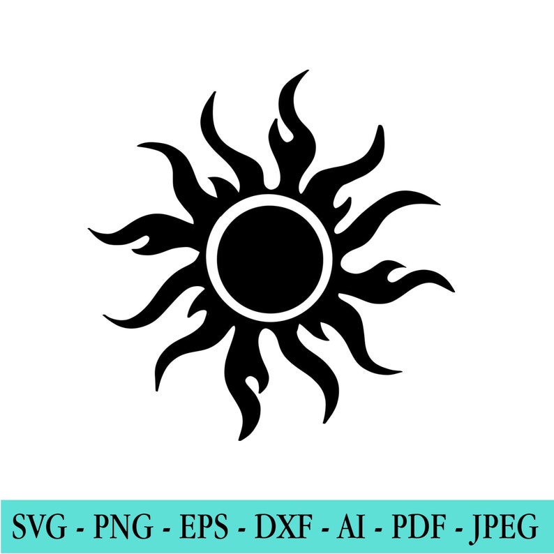 May include: A black and white sun with a stylized flame design. The sun is a circle with a ring around it.