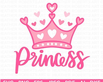 May include: Pink princess crown with white hearts and the word "Princess" in pink script.