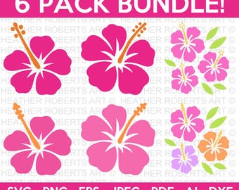 May include: A digital graphic bundle featuring six hibiscus flower designs in shades of pink, orange, and purple, with green leaves. The text "6 PACK BUNDLE!" is at the top, and file type options are listed at the bottom.