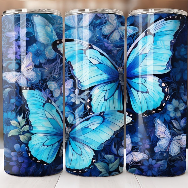 Blue Butterfly 20 Oz Tumbler Wrap, Butterfly Tumbler Wrap, Vibrant Wrap, Straight Template, Tapered, Sublimation Graphics