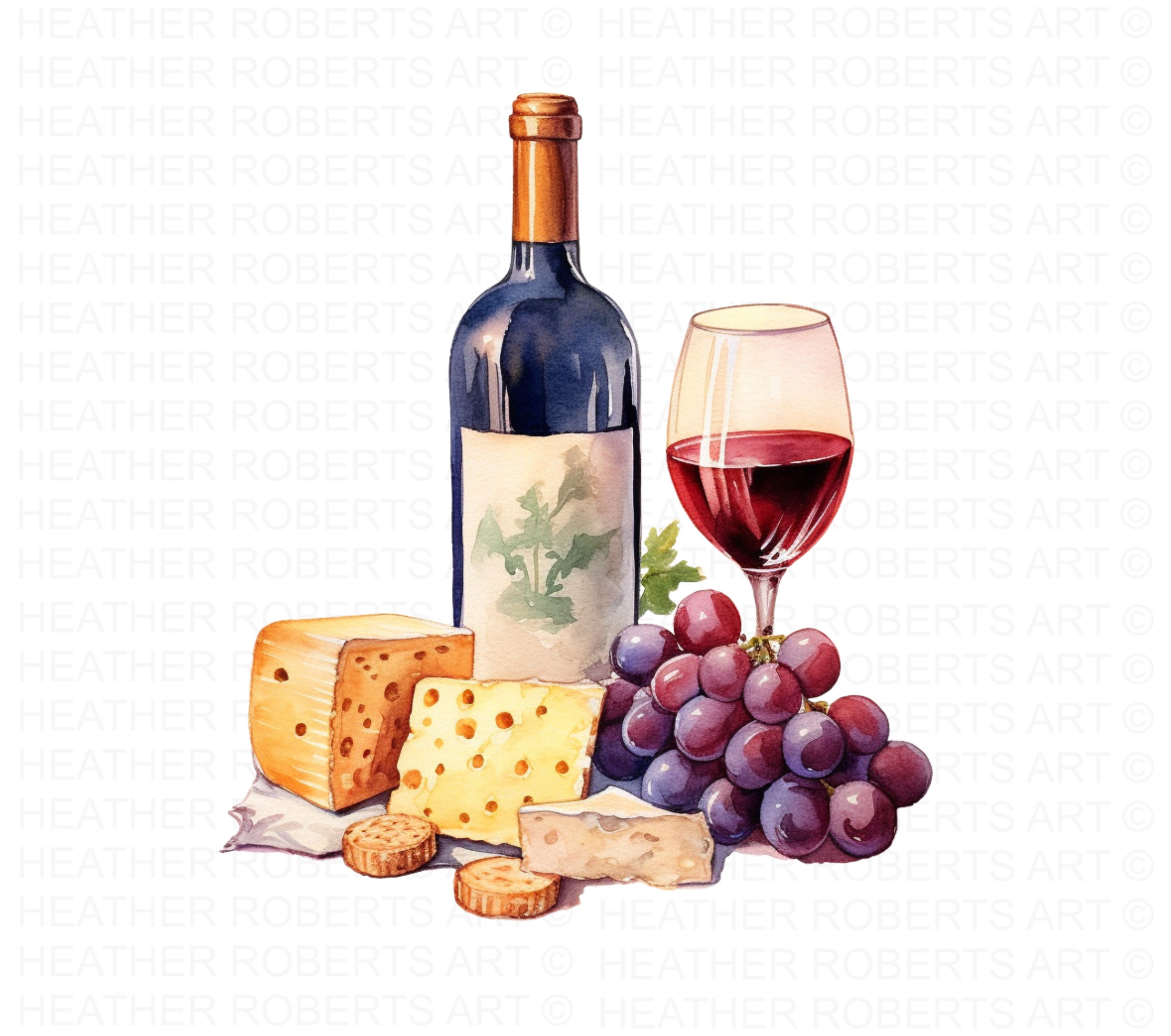 ワインとチーズの水彩画クリップアート：シャルキュトリーボード