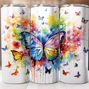 20 Unzen Aquarell Regenbogen Schmetterling Tumbler Wrap, Schmetterling Tumbler Wrap, lebendige Verpackung, gerade Vorlage, konisch, Sublimationsgrafiken