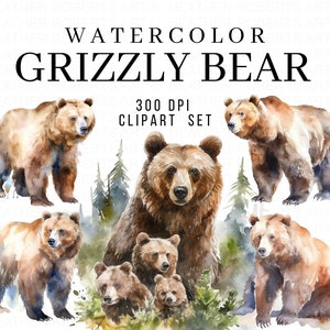 Imágenes prediseñadas de acuarela de oso grizzly, imágenes prediseñadas lindas de oso grizzly, imágenes prediseñadas para hacer tarjetas, imágenes prediseñadas de oso, ilustración de acuarela, descarga instantánea