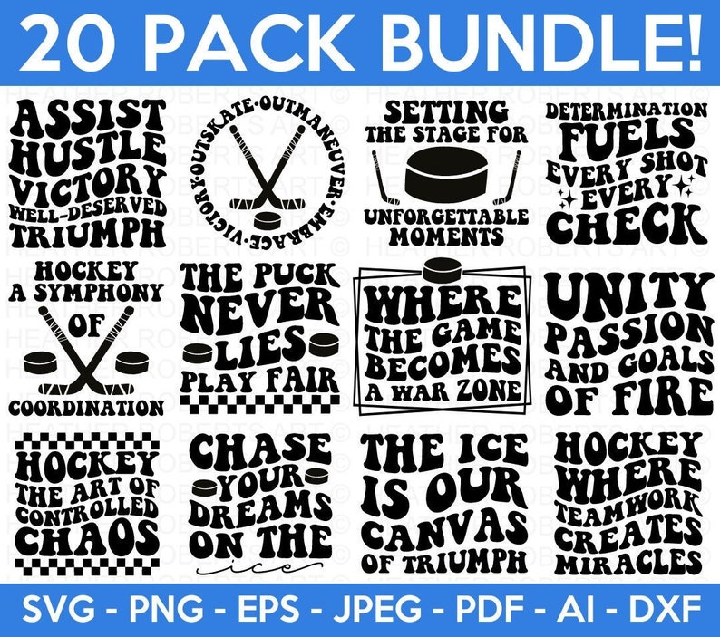 May include: A set of 20 black and white hockey-themed SVG cut files. The designs feature motivational quotes and phrases related to hockey, such as "Assist Hustle Victory", "The Puck Never Lies", and "Hockey Where Teamwork Creates Miracles".
