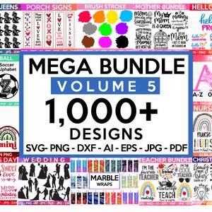 May include: A collage of colorful digital designs for crafting and creating. The designs include a variety of themes, such as zodiac signs, soccer balls, flowers, and teachers. The text "MEGA BUNDLE VOLUME 5 1,000+ DESIGNS" is displayed in large, bold letters.