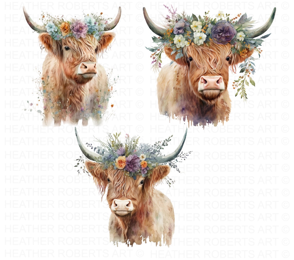 Watercolor Highland Cow Clipart: Flower Crown PNG (digital Download) - Etsy