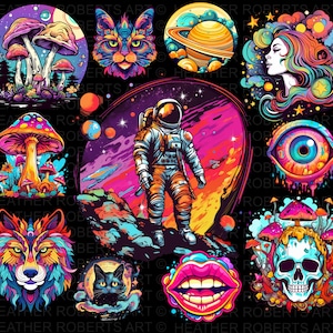 Psychedelic Mushroom PNG Bundle: Trippy Art, Wall Decor (Digital Download)