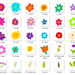 K&ouml;nnte beinhalten: Ein Set mit 30 bunten Blumen- und Blattillustrationen. Die Blumen sind in verschiedenen Farben, darunter Pink, Blau, Gelb, Rot und Gr&uuml;n. Die Bl&auml;tter sind gr&uuml;n und braun. Die Illustrationen sind perfekt f&uuml;r die Verwendung in Scrapbooking, Kartenherstellung und anderen Bastelprojekten.