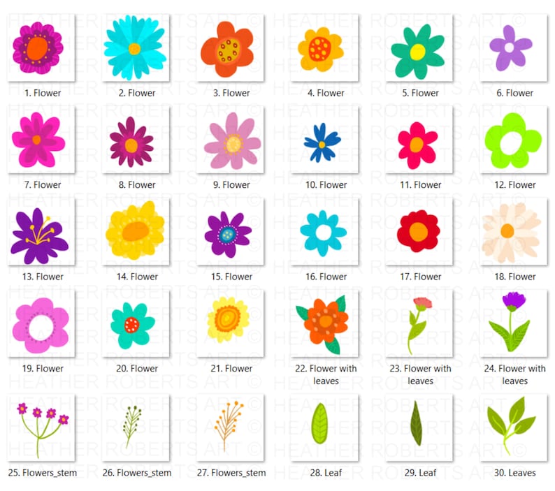 K&ouml;nnte beinhalten: Ein Set mit 30 bunten Blumen- und Blattillustrationen. Die Blumen sind in verschiedenen Farben, darunter Pink, Blau, Gelb, Rot und Gr&uuml;n. Die Bl&auml;tter sind gr&uuml;n und braun. Die Illustrationen sind perfekt f&uuml;r die Verwendung in Scrapbooking, Kartenherstellung und anderen Bastelprojekten.