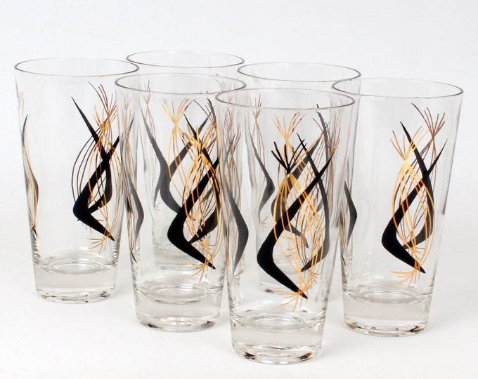 6 MCM Highball Cocktail Glasses w/Gold & Black Atomic Era Designs