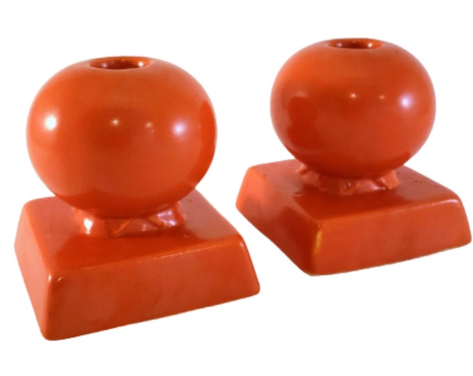 Vintage Pair Paden City Pottery Candlestick Holders in Orange