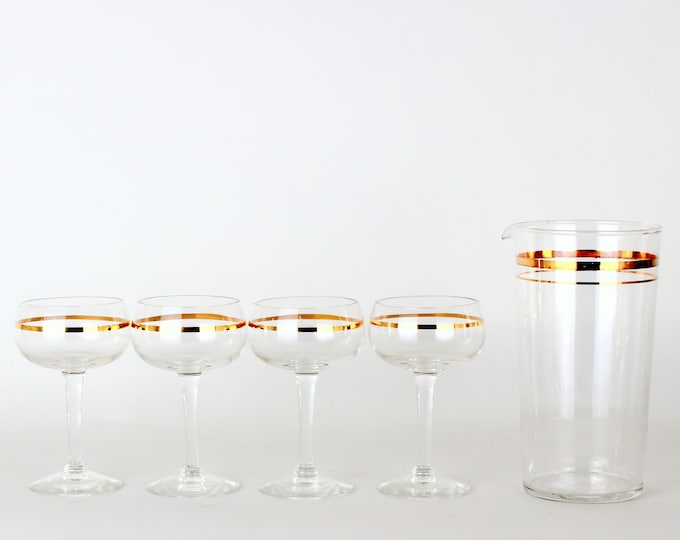 MCM 5pc Nick and Nora Glasses Cocktail Set w/Gold Striping