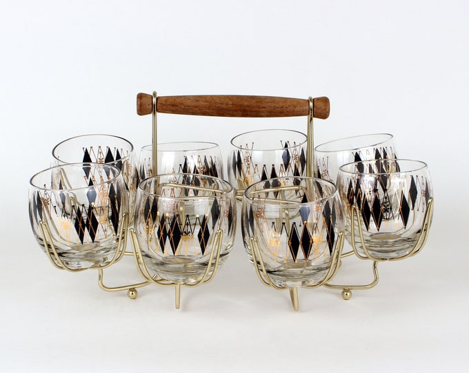 Federal Glass 8 Roly Poly Argyle Low Ball Glasses in Holder