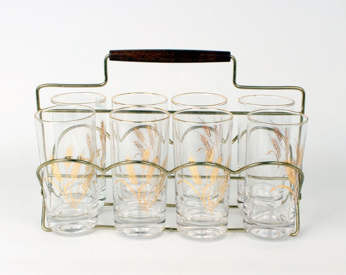 8 Homer Laughlin Golden Wheat Glasses in Holder