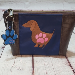 Handmade makeup bag, cosmetic bag, Dachshund dog embroidery, faux leather with paw print key chain