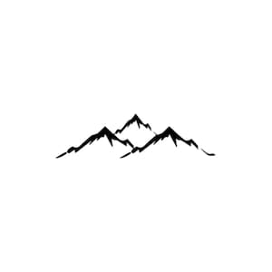 May include: A black silhouette of a mountain range with three peaks.