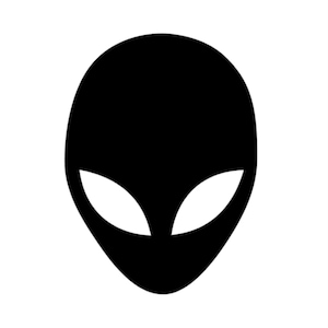May include: A black alien head graphic with large, almond-shaped eyes on a white background. The alien head is a solid black silhouette, with the eyes being the only visible features.